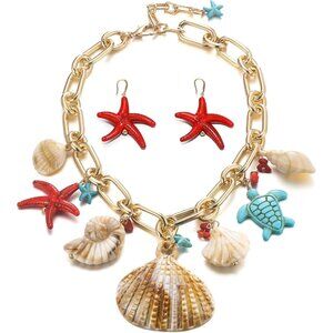 🆕 Women Red Starfish Natural Seashell Choker Collar Necklace Handmade Jewelry